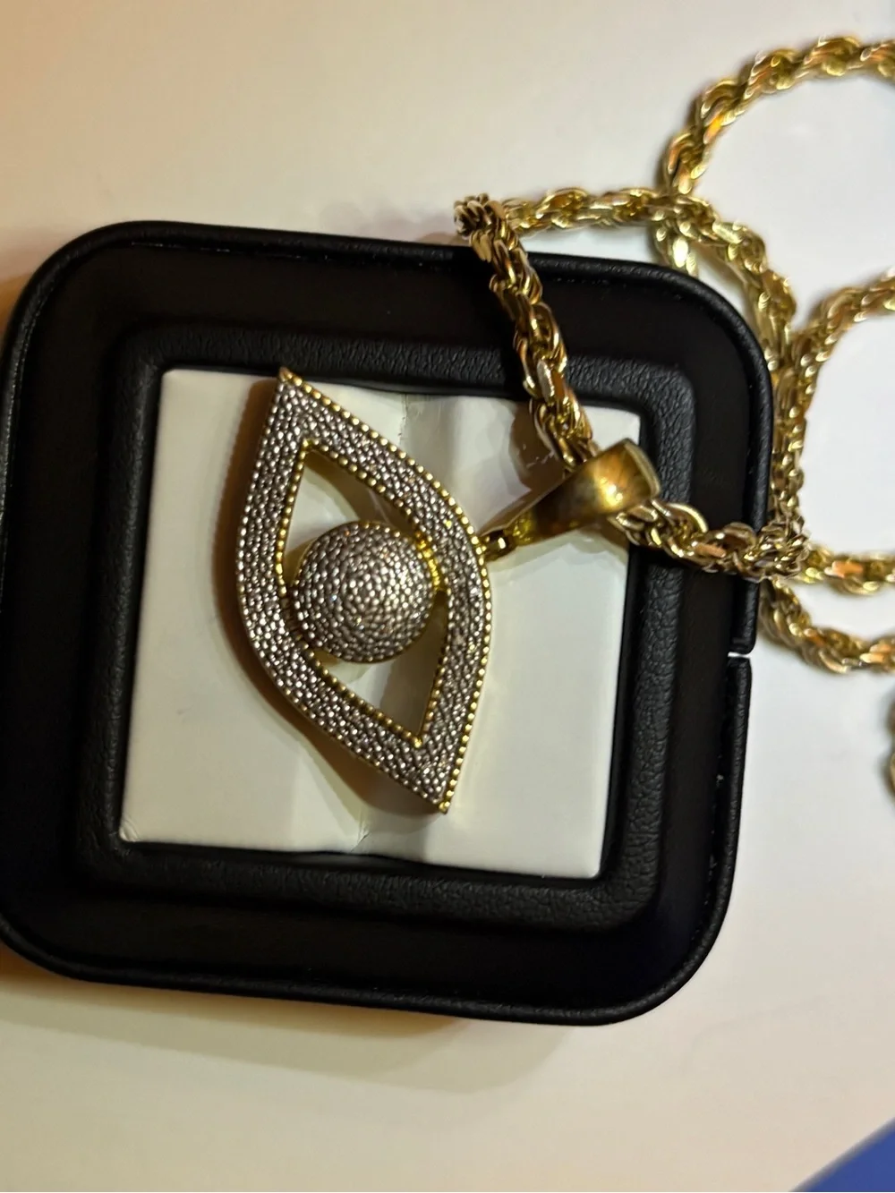 Gold-Tone Rope Chain Necklace with Pave Eye Pendant